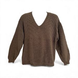 Neiman Marcus Hand Knit 100% Cotton Sweater Sz L Mens Pullover V Neck Soft Brown